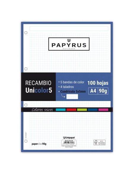 RECAMBIO A4 100 H 90GR 5 BANDAS DE COLOR CUADRICULA 5 4 TALADROS  GRAFOPLAS 53392399