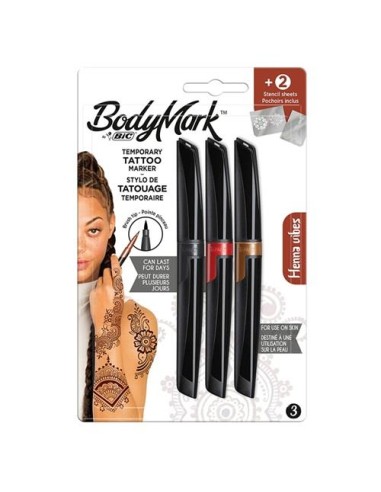 BLISTER 3 ROTULADORES  BODYMARK DE TATTO TEMPORAL NEGRO/ ROJO / MARRON BIC 9925941