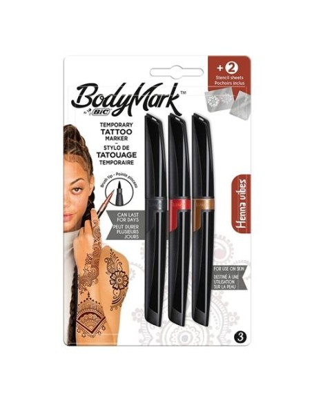 BLISTER 3 ROTULADORES  BODYMARK DE TATTO TEMPORAL NEGRO/ ROJO / MARRON BIC 9925941