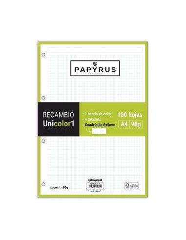 RECAMBIO PAPYRUS A4 90G 100H CUADRICULA 5  VERDE LIMA  53392221