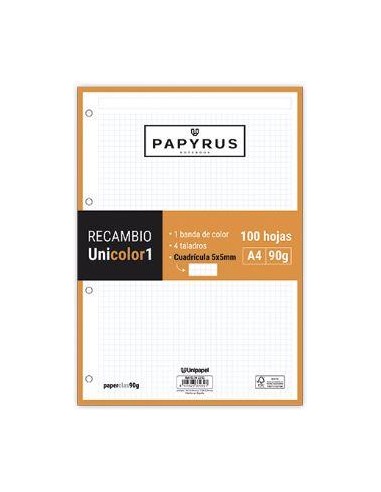 RECAMBIO PAPYRUS A4 90G 100H CUADRICULA 5  NARANJA GRAFOPLAS 53392252