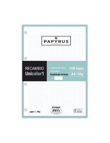 RECAMBIO PAPYRUS A4 90G 100H CUADRICULA 5  MENTA  GRAFOPLAS 53392226