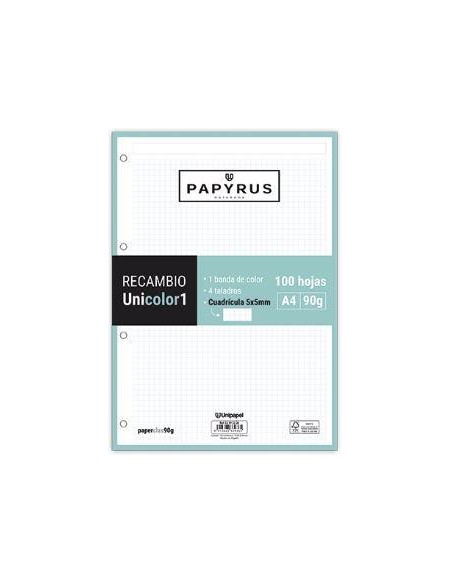 RECAMBIO PAPYRUS A4 90G 100H CUADRICULA 5  MENTA  GRAFOPLAS 53392226