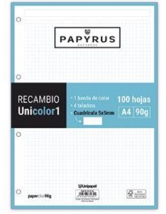 RECAMBIO PAPYRUS A4 90G 100H CUADRICULA 5  AZUL TURQUESA  53392236