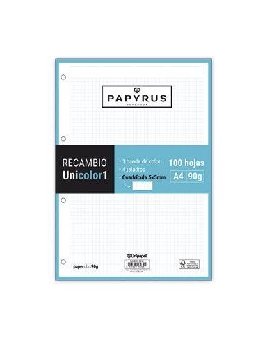 RECAMBIO PAPYRUS A4 90G 100H CUADRICULA 5  AZUL TURQUESA  GRAFOPLAS 53392236