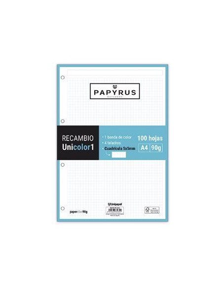 RECAMBIO PAPYRUS A4 90G 100H CUADRICULA 5  AZUL TURQUESA  GRAFOPLAS 53392236