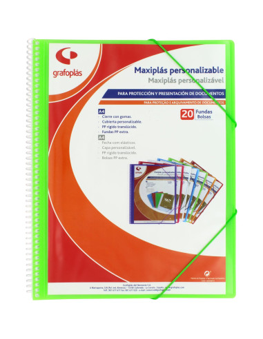 CARPETA PERSONALIZABLE 20 FUNDAS ESPIRAL MAXIPLAS VERDE GRAFOPLAS 39842021 (6)