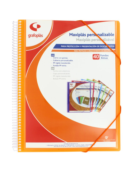 CARPETA PERSONALIZABLE 40 FUNDAS ESPIRAL MAXIPLAS NARANJA GRAFOPLAS 39844052 (4)