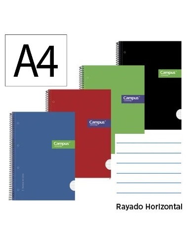 BLOCK ESPIRAL A4 TAPA FORRADA 160H 70G 5 BANDAS DE COLORES RAYADO HORIZONTAL CAMPUS MAKRO 001171
