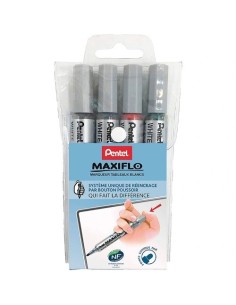 SET PENTEL DE 4 MARCADORES MAXIFLO PIZARRA BLANCA + BORRADOR MULTITEC MWL5S-4N