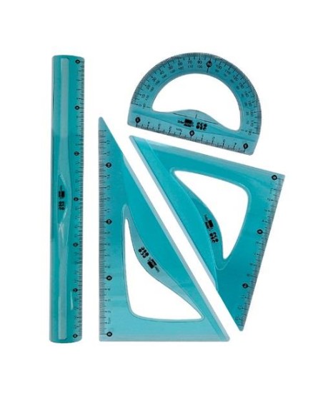 SET 4 PIEZAS ESCUADRA 10CM CARTABON 14CM REGLA 30CM Y SEMICIRCULO PLASTICO FLEXIBLE  JG07 CSUR 169695