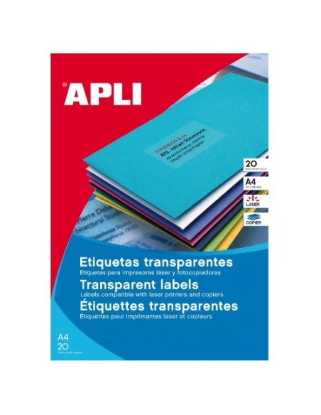 ETIQUETAS  TRANSPARENTES PARA LASER  210 X 297  PAQUETE DE 20 HOJAS APLI 1225